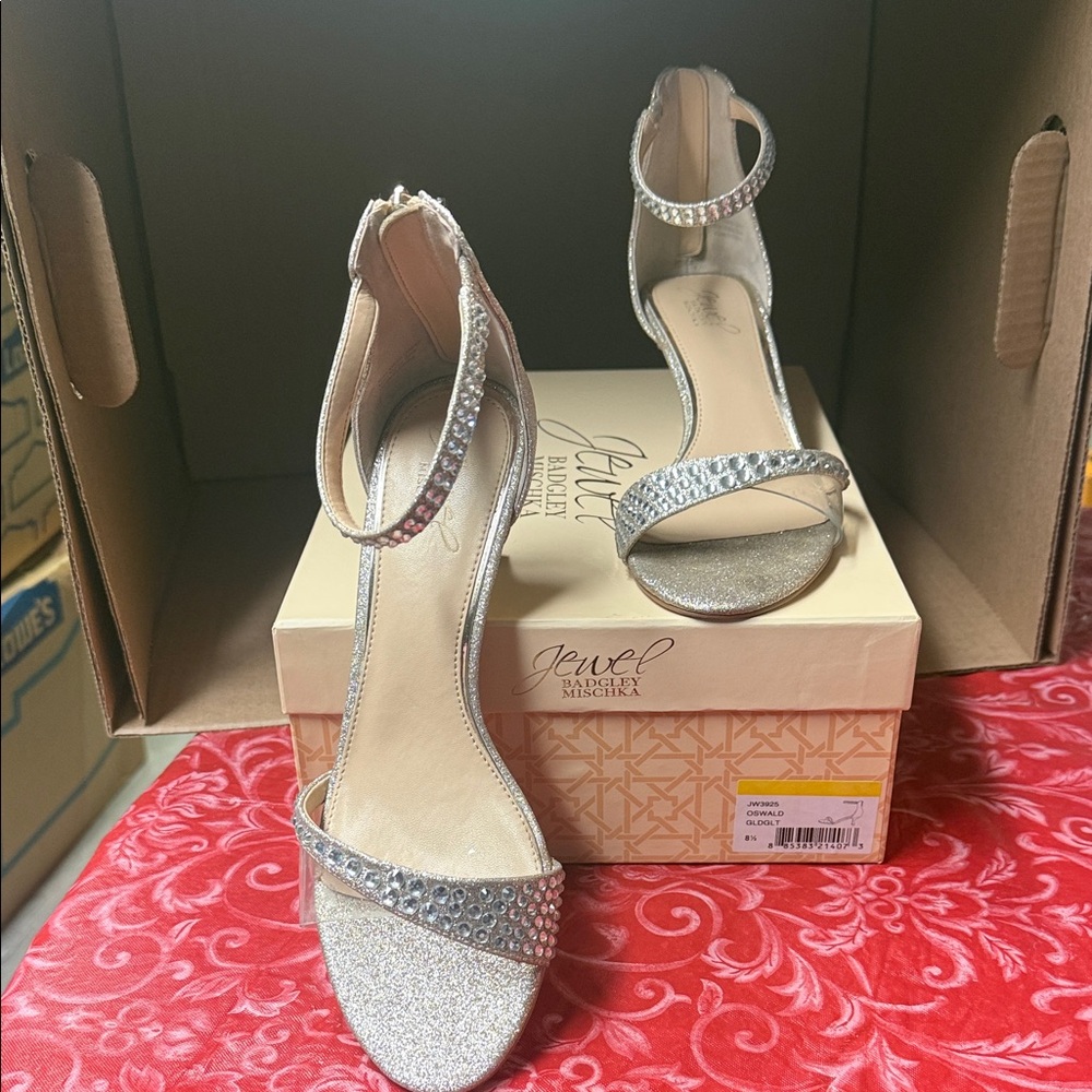 Jewel Badgley Mischka Sparkling Silver Ankle Strap Heels